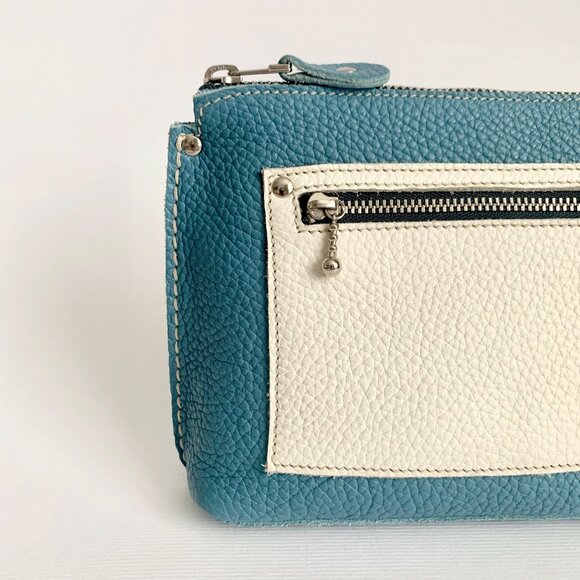 Roots Leather Zipper Clutch Purse Travel Mini Bag Blue White Vacation Boho Chic - Picture 6 of 15